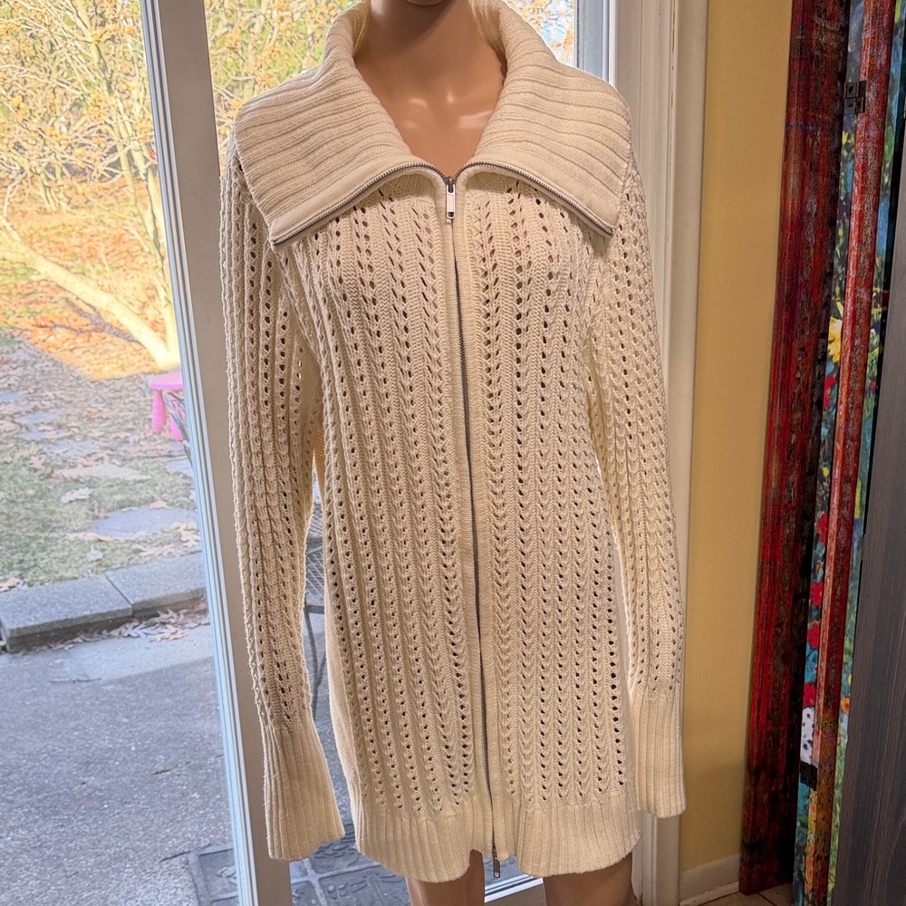 Chico’s Women's Cream Zip-Front Openwork Sweater, Chico’s 3, 14-16